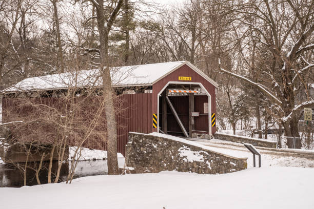 Zook's Mill Red Covered Bridge after Snow stock photo