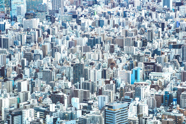 ズームの詳細を azure フィルター青の時間 - 日本の世界有名なキャピタル壮大な景観のパノラマ - セメント コンクリート ジャングル コンセプトで上からの東京市街のスカイラインのクローズ - 街　俯瞰 ストックフォトと画像