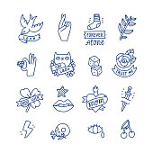 Cool doodle tattoo set, isolated vector illustrations