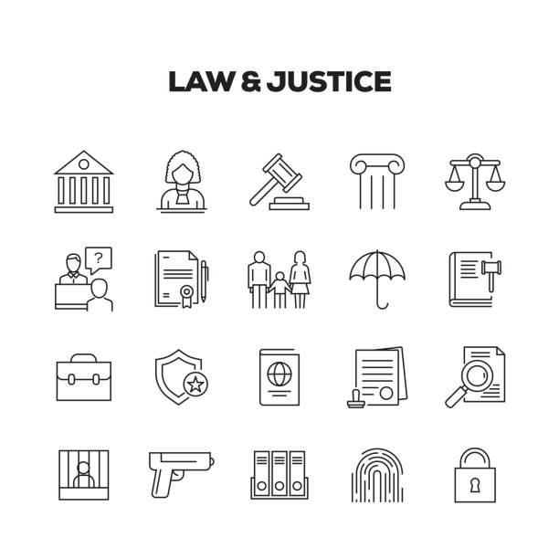 illustrazioni stock, clip art, cartoni animati e icone di tendenza di set icone linea diritto e giustizia - tribunale
