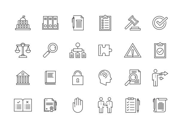 ilustrações, clipart, desenhos animados e ícones de conformidade e regulamentos linha icon set - processos