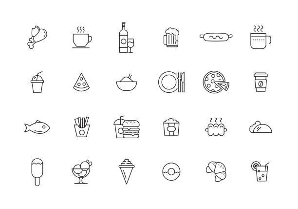 stockillustraties, clipart, cartoons en iconen met eten en drinken lijn icon set - plate hamburger