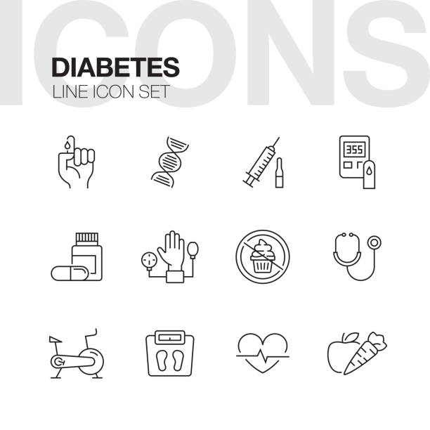 stockillustraties, clipart, cartoons en iconen met pictogrammen van de lijn van de diabetes - suiker