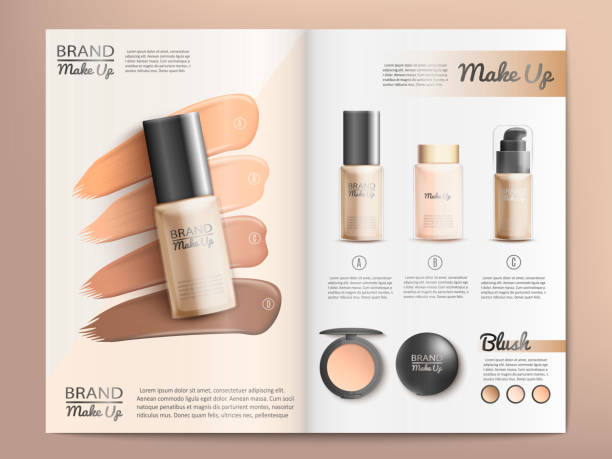 ÐÐ»Ñ ÐÐ½ÑÐµÑÐ½ÐµÑÐ° Cosmetics Products and Make Up Tools Promotion Catalog Template with Branded Nail Polish, Blush in Various Colors Realistic Vector. Beauty Magazine, Advertising Booklet, Brochure with Skin Care Goods catalog stock illustrations