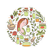 Herbal cosmetics. Aromatic natural oils. Vector illustration. Beautiful girl and a set of ingredients of natural cosmetics, plants, jars. All illustration elements are isolated and can be used independently in another design.
