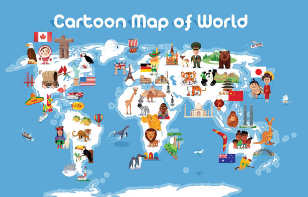 kreskówkowa mapa świata - england australia stock illustrations