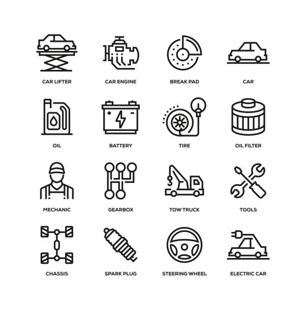 ilustrações de stock, clip art, desenhos animados e ícones de car service line icon set - car garage