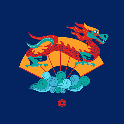 Chinese dragon, traditional pattern and Chinese fan. Vector illustration on blue background. vector