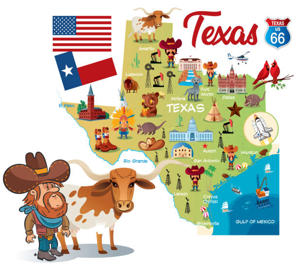 texas karikatür haritası - abd güney kıyısı eyaletleri stock illustrations