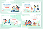 Family Day, Leisure, Sport Time, Active Walks Horizontal Banner Set. Happy People Spend Time Together. Mother, Father and Kids Healthy Lifestyle, Outdoor Activity. Cartoon Flat Vector Illustration