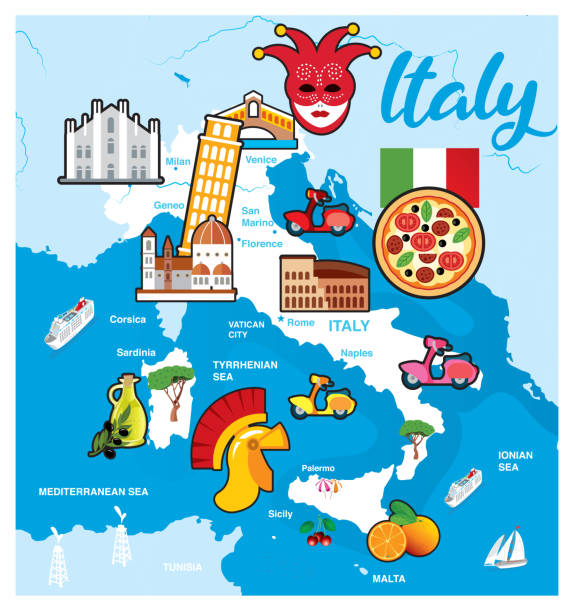 illustrazioni stock, clip art, cartoni animati e icone di tendenza di mappa dei cartoni animati d'italia - napoli genoa