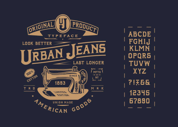 FONT URBAN JEANS FONT URBAN JEANS. Craft vintage typeface design. Fashion type. Serif alphabet. Pop modern display vector letters. Drawn SEWING MACHINE in graphic style. Set of Latin characters, numbers, punctuation. vintage stock illustrations