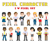 Pixel characters I love art. Isolated icons vector, poster with people smiling and waving hand friendly, 8 bit group of men and women, boy and girls