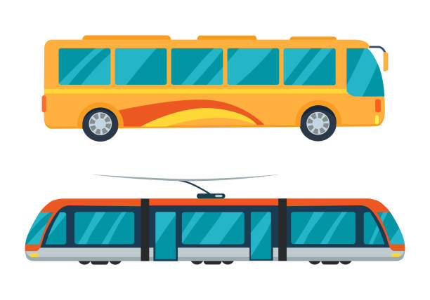 ÐÐµÐ·ÑÐ¼ÑÐ½Ð½ÑÐ¸Ì-4 Public transport represented by yellow bus and electric train with large windows. Vector illustration of vehicles isolated on white background cable car stock illustrations