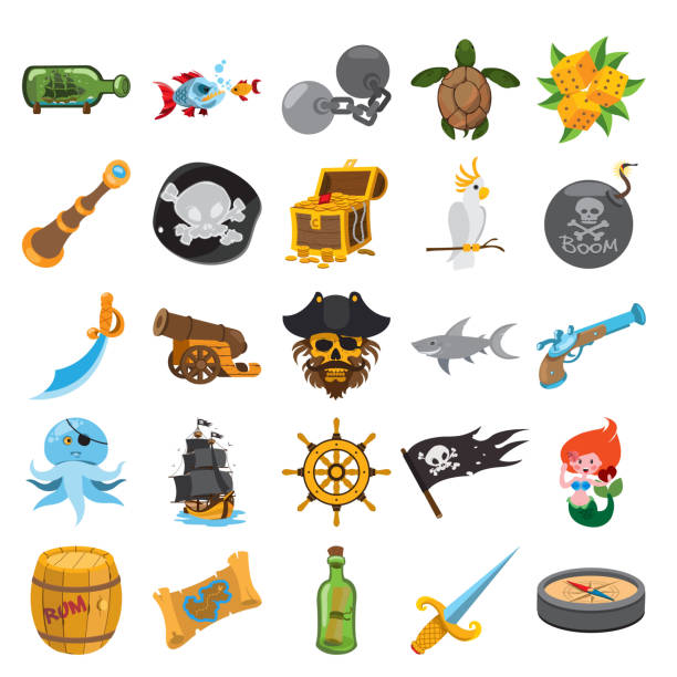 ÐÐµÑÐ°ÑÑ Pirate stroke icons, pirate icons with stroke cannon artillery stock illustrations