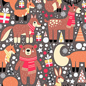 Pattern of forest animals (fox, bear, hare, deer, squirrel, wolf). Christmas design for card, banners, posters and other.