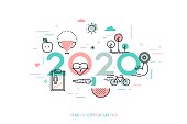 Infographic banner 2020 year of opportunities. New trends and prospects in healthcare, sports, fitness, lifestyle, sport nutrition. Plans and predictions. Vector illustration in thin line style.