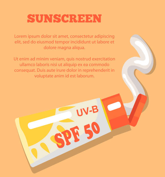 ÐÐµÐ·ÑÐ¼ÑÐ½Ð½ÑÐ¸Ì-4 Sunscreen poster with inscription. Vector illustration depicting sunblock lotion with its contents against light orange background sunscreen stock illustrations