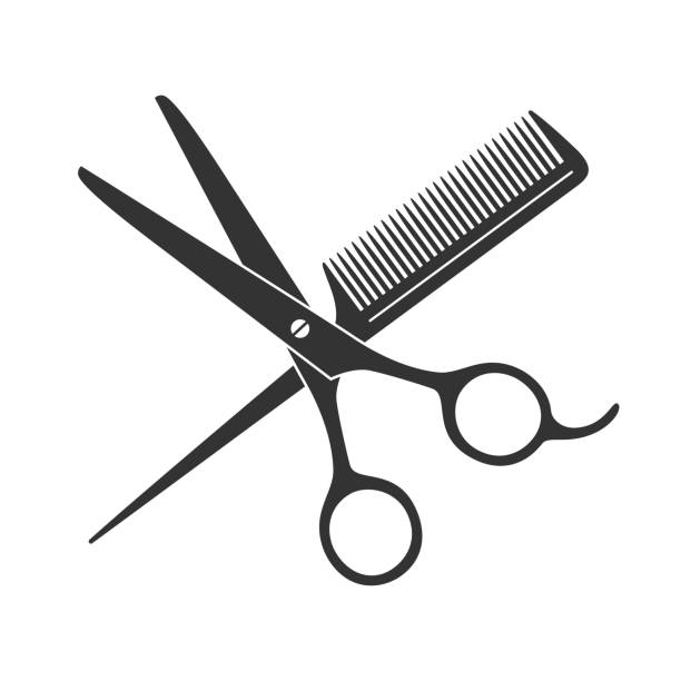 S&H Scissors and hairbrush graphic icon. Sign crossed scissors and hairbrush isolated on white background. Barbershop symbols. Vector illustration scissors stock illustrations