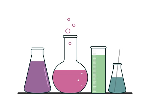 ISOLATED DRAWING OF LABORATORY FLASKS WITH LIQUID