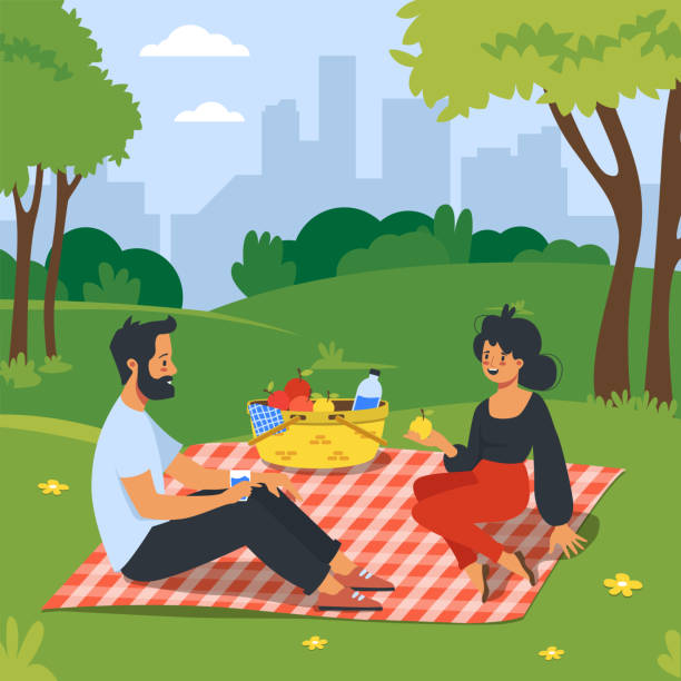 PICNIC-01 Happy couple of young people on a picnic in the park. Flat cartoon vector illustration. picnic stock illustrations