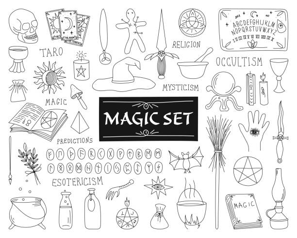 COLLECTION OF ATTRIBUTES FOR MAGIC ON A WHITE BACKGROUND BIG SET OF MAGIC ITEMS ON A WHITE BACKGROUND IN VECTOR ouija board stock illustrations