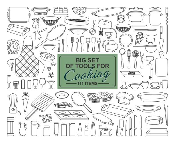 A BIG COLLECTION OF FOOD PREPARATION ITEMS ON A WHITE BACKGROUND LARGE SET OF KITCHEN ITEMS FOR COOKING IN VECTOR baking sheet stock illustrations