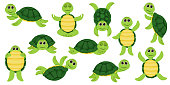 Cartoon set of cute turtle. Funny little turtles, walking and swimming turtle animals. Cartoon characters  baby turtles, cute wildlife animals in shell. Vector illustration