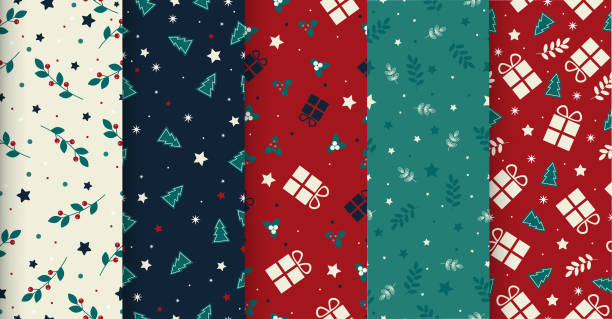 ÐÐ»Ñ ÐÐ½ÑÐµÑÐ½ÐµÑÐ° Christmas seamless winter time patterns with traditional ornaments. Set of flat design christmas template. Simple classic xmas setting for background, wrapping paper. Vector illustration gift patterns stock illustrations