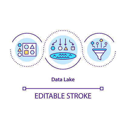 Data lake concept icon. Data storage strategy idea thin line illustration. Flat architecture store data. Structured and unstructured data. Vector isolated outline RGB color drawing. Editable stroke