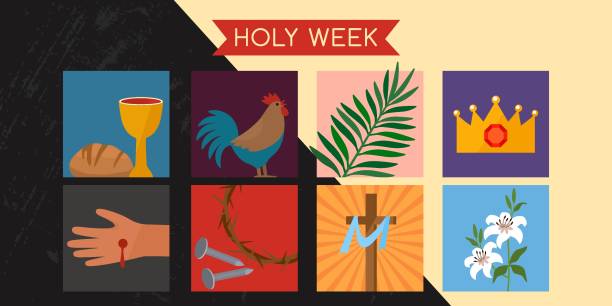 ÐÐµÑÐ°ÑÑ Holy week banner with a rooster, communion, palm branches, a wreath of thorns, the cross of Jesus Christ and a lily. Religious postcard. vector illustration holy week stock illustrations
