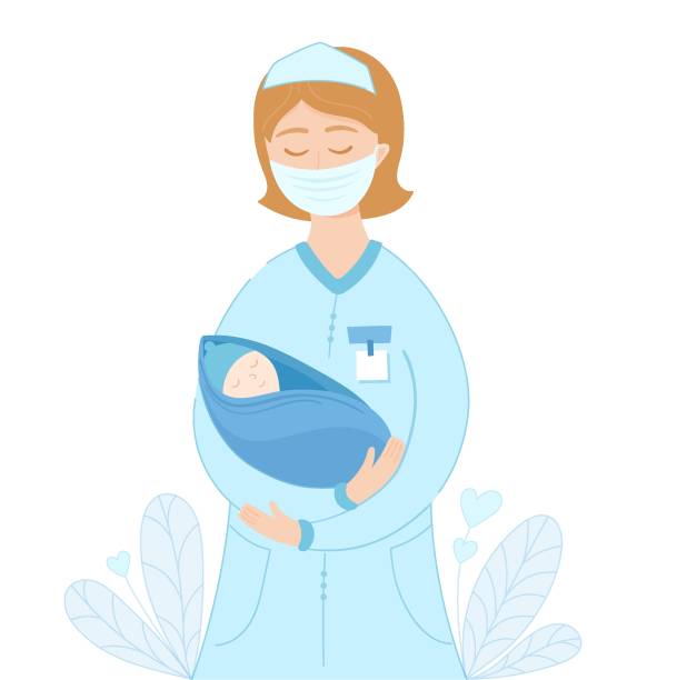 ÐÐµÑÐ°ÑÑ Vector illustration for midwife day. Nurse or midwife with mask holding a newborn by hands doctor borders stock illustrations