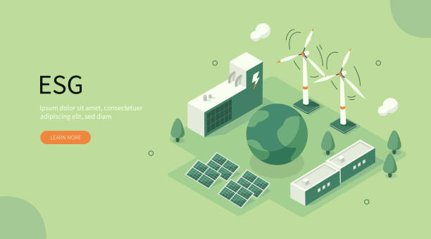 ESG Sustainable ESG industry with windmills and solar energy panels. Environmental, Social, and Corporate Governance concept. Flat isometric vector illustration. esg stock illustrations