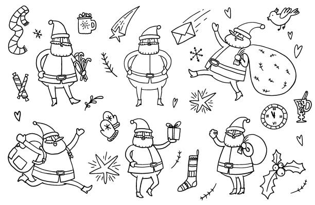 ÐÐµÑÐ°ÑÑ sketch of santa and christmas elements on white background. gingerbread man coloring page stock illustrations