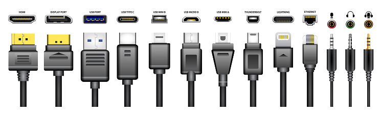 realistic usb connector for mobile phone, various socket plug in for gadget and electronics device.