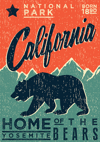vintage poster of california parks, with bear and mountains. Vintage style