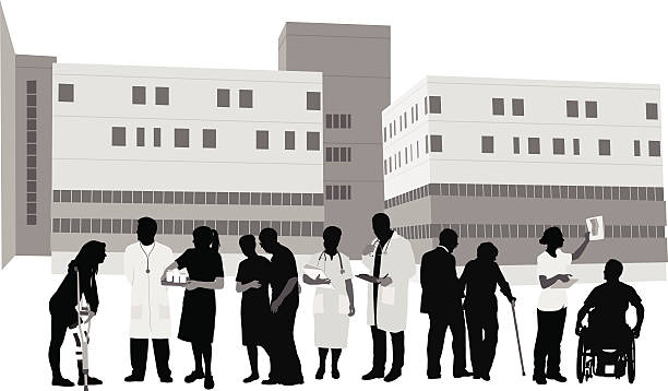 HMO A vector silhouette illustration of health care workers and patients in front of a hospital. hospital silhouettes stock illustrations