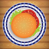 Tasty fresh burger with tomato and salad on bright plate. Vector image can be used for restaurant and cafe menu design, food posters, print cards and other crafts.