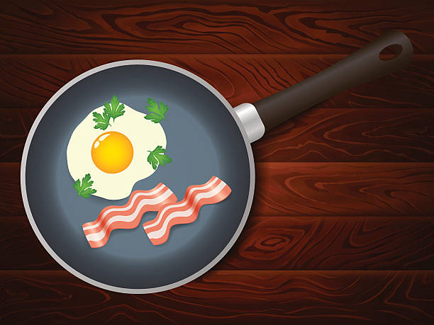 bildbanksillustrationer, clip art samt tecknat material och ikoner med frying pan egg bacon wooden table - pork pine