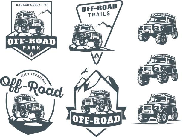 ÐÐµÑÐ°ÑÑ Set of off-road suv car monochrome logo, emblems and badges isolated on white background. Rock crawler car in mountains. Off-roading trip emblems, 4x4 extreme club emblems. 4x4 stock illustrations
