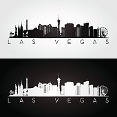 Las Vegas USA skyline and landmarks silhouette, black and white design, vector illustration.
