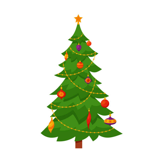 ÑÐ°Ð±Ð»Ð¾Ð½ ÑÐ°Ð·Ð¼Ð½Ð¾Ð¶ÐµÐ½Ð¸Ñ Christmas tree decorated vector illustration. Star, decoration balls and light bulb chain, gift boxes in colorful cartoon flat style. Merry Christmas and a happy New Year design for greeting cards. christmas tree stock illustrations