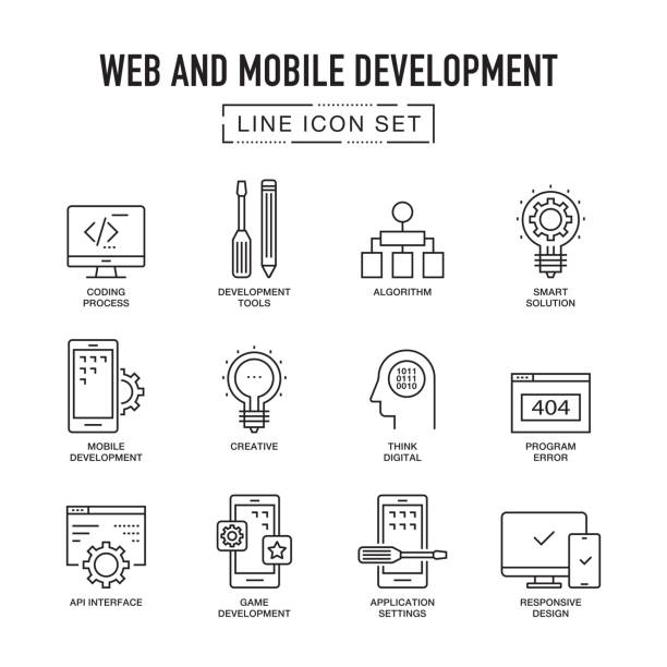 bildbanksillustrationer, clip art samt tecknat material och ikoner med webb- och mobilutveckling linje ikoner set - line icons set community