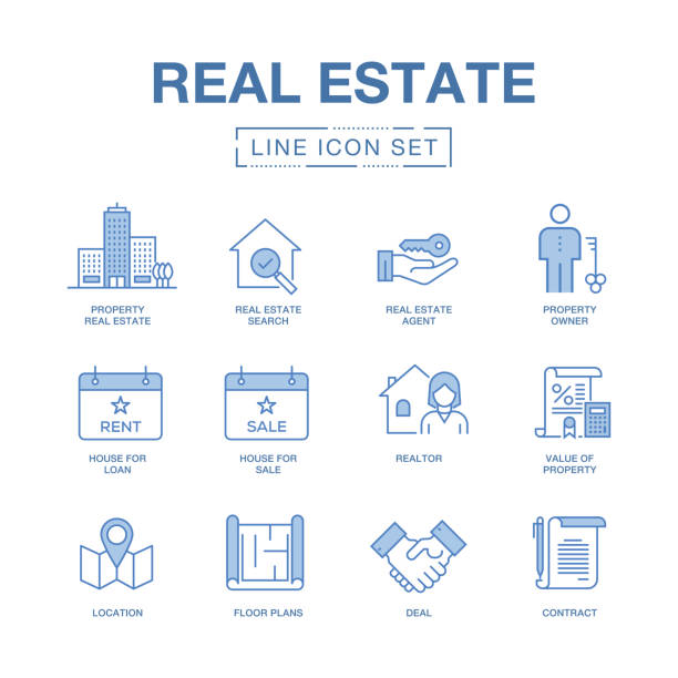 REAL ESTATE LINE ICONS SET REAL ESTATE LINE ICONS SET bathroom door signs drawing stock illustrations