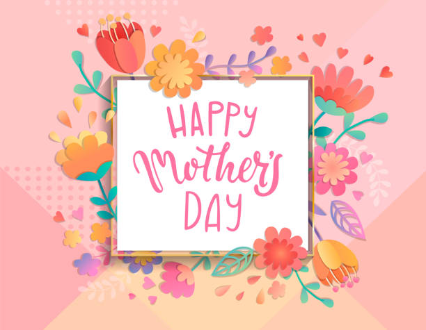ÐÑÐ½Ð¾Ð²Ð½ÑÐµ RGB Card for happy mother's day in square frame on geometric background pastel colors with beautiful flowers. Vector illustration template, banner, flyer, invitation, poster. women borders stock illustrations