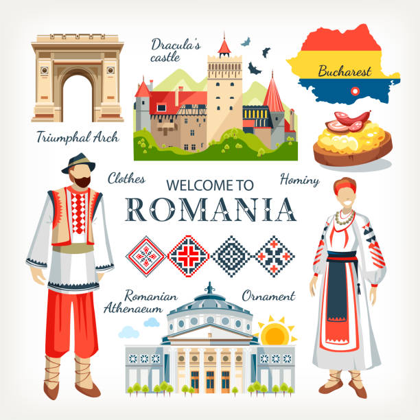 ÐÐµÑÐ°ÑÑ Romania collection of traditional objects symbols of country architecture food clothes romania stock illustrations