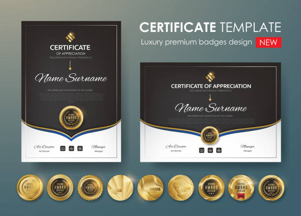 CERTIFICATE 512 certificate template with luxury pattern,diploma,Vector illustration and vector Luxury premium badges design,Set of retro vintage badges and labels. certificate stock illustrations