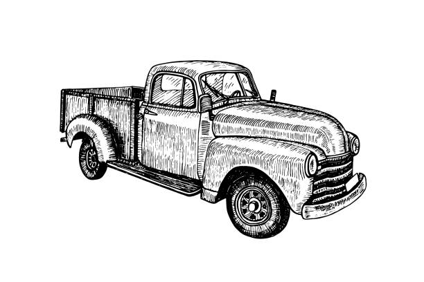 015-pickup Hand drawn vintage retro oldtimer car pickup, doodle sketch graphics monochrome vector tracing illustration on white background truck drawings stock illustrations