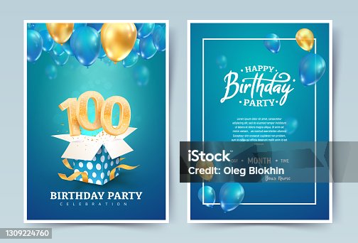 istock 100th years birthday vector invitation double card. One hundred years wedding anniversary celebration brochure. Template of invitational for print on blue background 1309224760