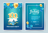 istock 100th years birthday vector invitation double card. One hundred years wedding anniversary celebration brochure. Template of invitational for print on blue background 1309224760